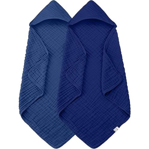 2 Pack Hooded Baby Towels - 100% Muslin Cotton for Newborns, Infants, Toddlers - Large 32x32 Inch Size - Highly Absorbent and Essential for Newborn Care, Deep Navy