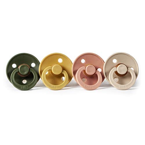 BIBS BPA-Free Natural Rubber Baby Pacifier | Made in Denmark (Hunter Green/Mustard/Peach/Vanilla, 0-6 Months) 4-Pack
