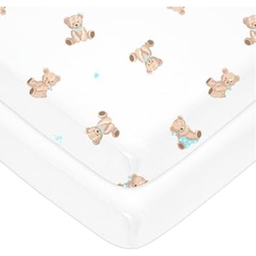 American Baby Company 2 Pack 100% Natural Cotton Fitted Mini Crib Sheets 38" x 24" - Soft & Breathable Small Nesting Portable Sheets, Fits Pack N Play Mattresses, Bear and White, for Boys & Girls
