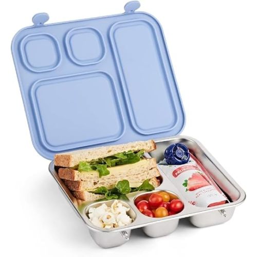 Elk and Friends Kids Stainless Steel Bento Box with Silicone Lid | Leak-proof | Toddler Lunch Container | 4 Compartments | Dishwasher Safe