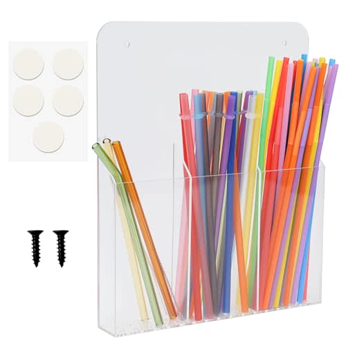 Acrylic Straw Holder Large Capacity Thickened 11.81"x9.84" Adhesive Cabinet Door Organizer Straw Holder for Cabinet Straw Dispenser for Reusable Straws Straw Holder for Counter