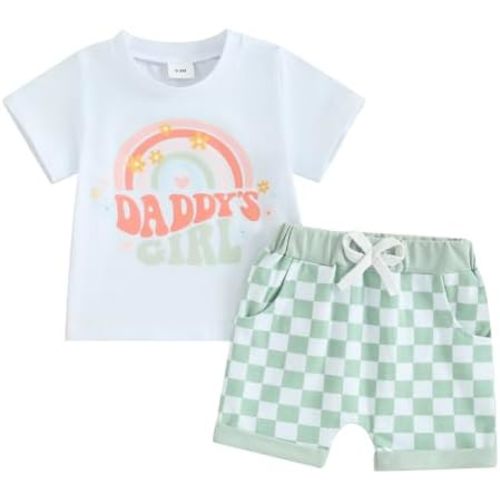 2Pcs Set Baby Girl Summer Clothes Mamas Girl Short Sleeve T Shirt Top+Checkerboard Shorts Toddler Outfit Set
