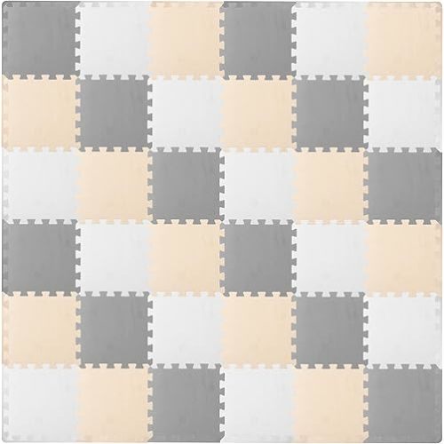 ProSource Foam Puzzle Floor Play Mat for Kids and Babies with Solid Colors, 36 or 16 Interlocking Tiles with Borders, White/Grey/Beige