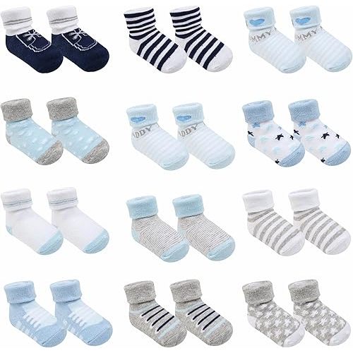 Baby Socks 12 Pairs - Non-Slip Infant Grip for Newborns & Toddlers 0-6 Months, Boys & Girls, Safe for Walking
