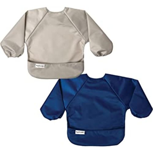 Tiny Twinkle Mess Proof Baby Bibs, 2pk Waterproof Smock Baby Bibs for Eating, Machine Washable Long Sleeve Bibs, Baby Led Weaning, Toddler Bibs, BLW Supplies (Grey Indigo, Small 6-24 Months)