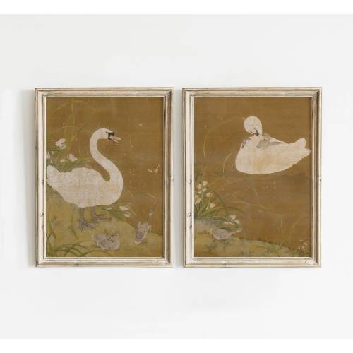 Swan Set of 2, Vintage Painting, Swan Nursery Wall Art, Digital Download