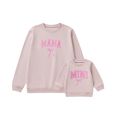 Mommy and Me Letter Print Matching Family Outfits Long Sleeve Crewneck Casual Sweatshirt T-Shirt