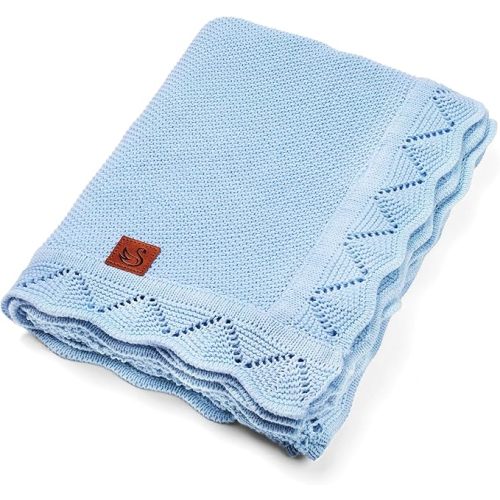Heirloom Lace Blanket for Baby - 100% Luxury Soft Cotton Knit Warm Cozy Cuddle Stroller Crib Blanket for Newborns, Infants, & Toddlers (Baby Blue)