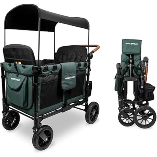 WONDERFOLD W4 Luxe Quad Stroller Wagon Featuring 4 High Face-to-Face Seats with Magnetic Buckle 5-Point Harnesses and Adjustable/Removable UV-Protection Canopy, Hunter Green