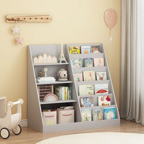 Kids Bookshelf Toy Storage Organizer - 4 Tier Wooden Bookcase for Kids Room Playroom Easy Assembly