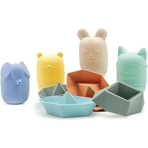 SplashCraft (8-Piece set) Silicone Bath Toy Set, Non Toxic, pool toy, beach toy, water toy, Infants 6-12 Months, Bath toys for Kids Ages 1-3.