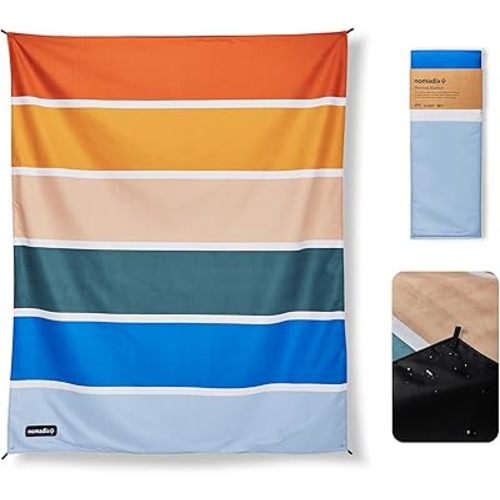 Nomadix Festival Blanket - Perfect for Picnics, Camping, & Lawn Seating - Plush Top & Water Resistant Base - Made with Post Consumer Recycled Materials - Stripes Retro - 60:x 70"