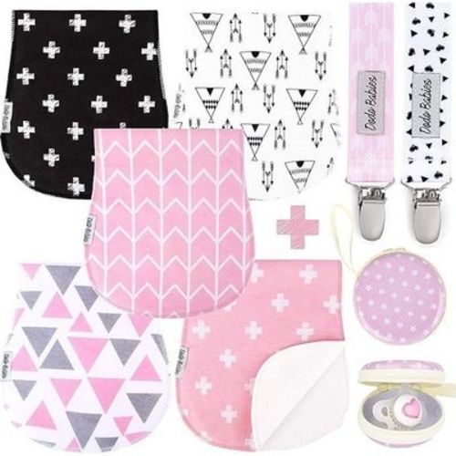 Dodo Babies 5-Pack Baby Burp Cloths - Soft Absorbent Cotton Burp Cloths - Includes Pacifier Case & 2 Pacifier Clips, Pink/Grey/Black