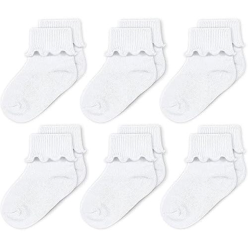 CozyWay Baby Girls Socks Ruffle Ripple Edge Turn Cuff Socks for Baby Toddler Girls | 6-Pairs