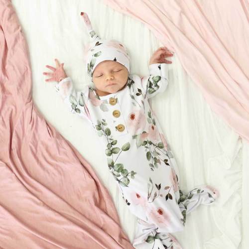 Millies Dusty Rose Garden Newborn Baby Knot Gown & Hat Set
