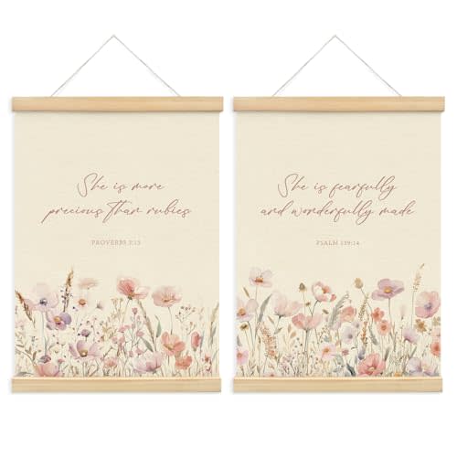 PLKMN Christian Wall Decor, Christian Nursery Decor, Wildflower Baby Girl Nursery Decor Set of 2, Pink Floral Bible Christian Wall Art Framed, Christian Gifts for Women12x16 Inch