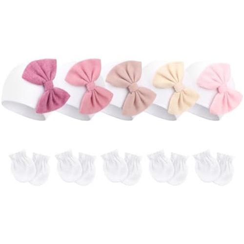 BQUBO Newborn Baby Girls Hats Mittens Set Hospital Hat Beanie Infant Bow Hats Baby Cotton Gloves for 0-6 Months