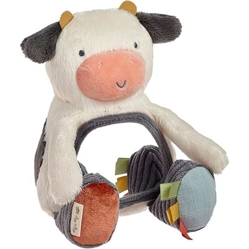 Itzy Ritzy Sensory Tummy Time Toy Mirror - Features Crinkle & Jingle Sounds, Multiple Textures and Mirror for Self-Discovery, Infant Toy for Ages 0 Months and Up, Cow