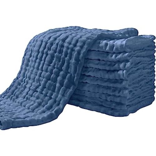 Yoofoss Muslin Burp Cloths for Baby 10 Pack 100% Cotton Baby Washcloths for Boys Girls Large 20''X10'' Super Soft and Absorbent Dark Blue