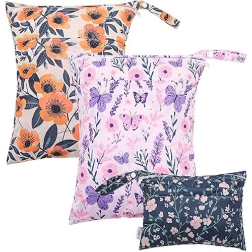 ALVABABY 3 Cloth Diaper Wet Dry Bags Waterproof Reusable with Two Zippered Pockets Travel Beach Pool Daycare Soiled Baby Items Yoga Gym Bag for Swimsuits or Wet Clothes Small medium Large 3L-SML08