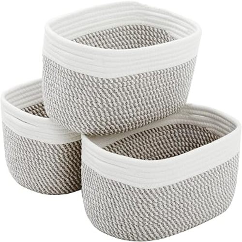 Small Cotton Rope Storage Basket Set of 3-11"x7"x7" Perfect Woven Baskets for Storage, Ideal Storage Baskets for Organizing Toys, Towels, and More - Baskets for Shelves(White & Mixed Grey)