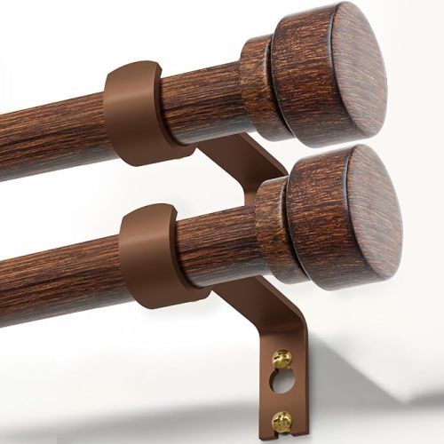 Lootkell 2 Pack Deep Walnut Wood Curtain Rods for Windows 28 to 48 1" Diameter Heavy Duty Window Rod Adjustable with Handmade Wood Grain Design for Living Room Bedroom Kitchen Farmhouse Outdoor