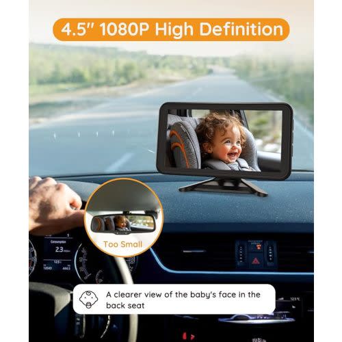Baby Car Camera Plug-Play, 4.5" 1080P HD Crystal Clear View Baby Car Mirror Camera with 3X Zoom, IR-Cut Night Vision, Flexible 360 Rotation Adjustable Function