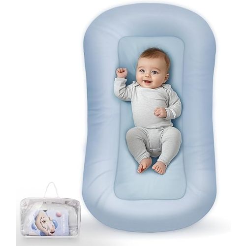 Baby Lounger - Baby Lounger for Newborn, Infant Lounger for Home and Travel, Soft Cotton, Newborn Babies Essentials Gifts, ZumaBlue