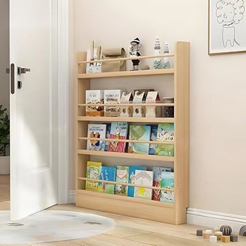 Behind The Door Bookshelf, Wooden Behind Door Bookshelf 4-Tier, Space-Saving Kids Bookcase Book Shelf Organizer Storage for Toys and Books