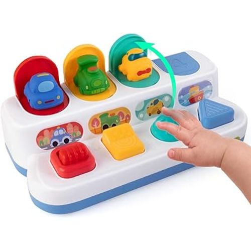 Interactive Cause & Effect Pop Up Vehicle Toys for Toddlers 1-3 Years, Sensory Montessori Toys for Infants 8-12 Months, Fun Hide and Seek Play for Boy Girl