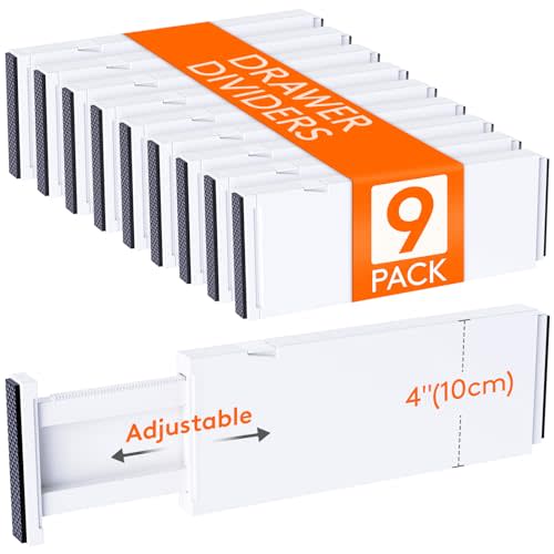 Lifewit 9 Pack Drawer Dividers 4" High, 11-17" Adjustable Drawer Organizers for Clothes, Expandable Dresser Separators in Bedroom/Bathroom/Kitchen/Fridge/Office Organization and Storage, White