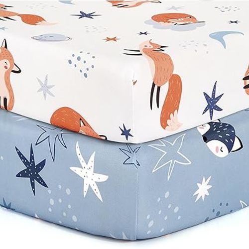 BROLEX 2 Pack Mini Crib Sheets, Stretchy Portable Fitted Playard Sheet Set, Convertible Playard Mattress Cover, Ultra Soft Breathable Polyester Material, Starry Fox