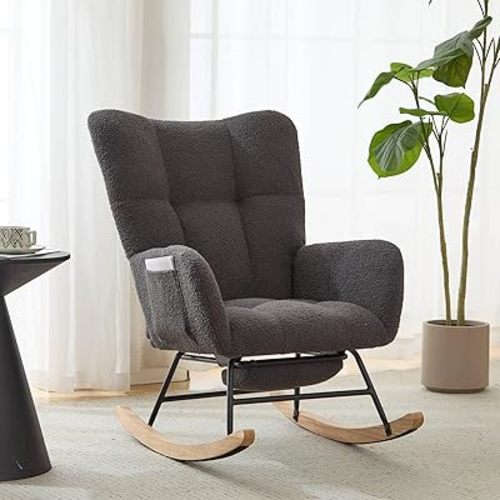 Nursery Rocking Chair Teddy Upholstered Glider Rocker with Footrest Accent Chair with High Backrest Armchair Comfy Side Pocket Chair for Living Room, Bedroom, Offices (Large Grey)