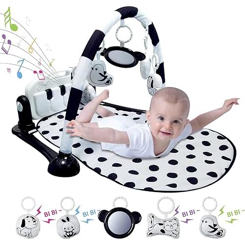 Baby Tummy Time Gym Play Mat Sensory Development Piano Musical Activity Center High Contrast Gift for Newborn Baby 0 to 3 6 9 12 Months