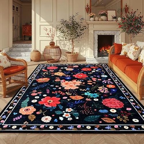 4x6 Washable Floral Rug, Vibrant Flower Pattern Boho Rugs for Bedroom, Low Pile & Non Slip Cottage Style Floor Decorated Carpet for Living Room, Kids Room, Office, Dining Room, Black