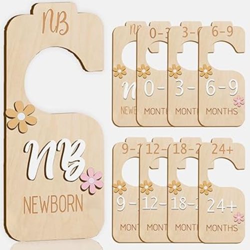 Baby Closet Divider - 3D Double-Sided Wooden Baby Wardrobe Baby Closet Organizer,Daisy design Nursery Decor Clothes Hanger Dividers for Sorting 8 Sizes from Newborn to 24+ Months