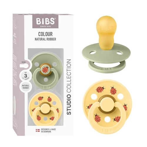BIBS Colour Studio Soother 2-Pack, BPA Free Dummy Pacifier, Round Nipple. Natural Rubber Latex, Made in Denmark, Size 3 (18+ Months), Sage/Pale Butter