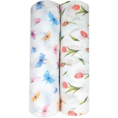 Muslin Swaddle Blankets, Soft Breathable Cozy Baby Blankets for Newborn Boys and Girls, 47” X 47“, 2 Pack Receiving Swaddles, 70% Viscose from Bamboo 30% Cotton (Garden Grace)