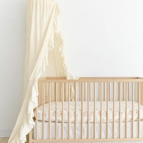 Crane Beige Ruffled Baby Crib Canopy - 118" Tall, Boho Style for Girls & Boys Rooms, Nursery & Playroom Decor
