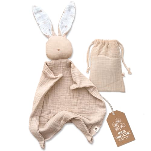 Mikito Organic Cotton Baby Muslin Lovey Bunny - Oeko-TEX & GOTS Certified - Security Blanket & Perfect Loveys for Babies - Unisex New Baby Gift for Ultimate Comfort & Peaceful Dreams