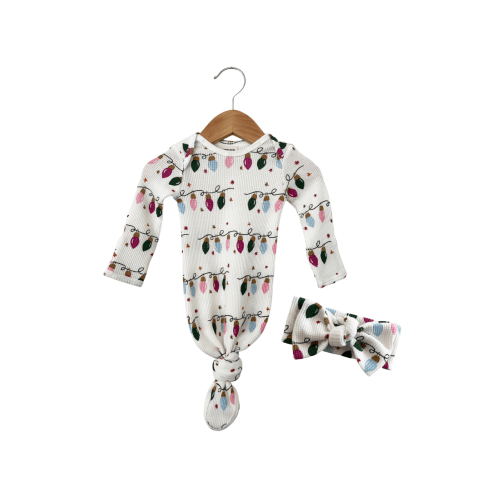 Organic Waffle Knotted Gown & Bow Set, Pink Christmas Lights