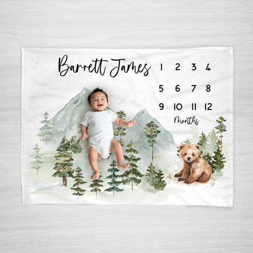 Mountain and Bear Milestone Blanket,  Custom Personalized Baby Blanket,  Forest Monthly Growth Tracker, Baby Shower Gift, Outdoor, Boy