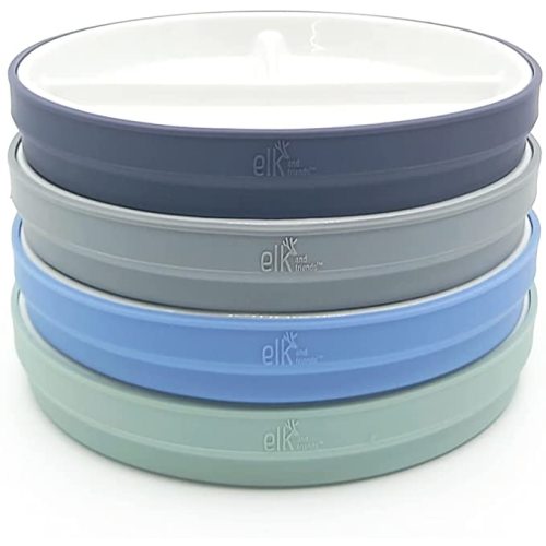Elk and Friends Kids 6.7” Porcelain White Plates with Silicone Sleeves | Divided Plates | Suitable for Kids/Toddlers | Microwave & Dishwasher Safe | Non Slip | Snack Dishes - Sage/Misty Blue/Navy/Gray - 6.7" Divided