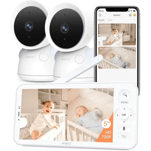 ARENTI 3MP Baby Monitor with 2 Cameras, 5-inch Split Screen Display, WiFi 6 Smartphone App, Night Vision, Cry Detection, Temp & Humidity Sensor, 2-Way Audio (D3 Set)