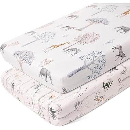 Gllquen Baby Pack N Play Sheets Fitted for Pack and Play Mattress, Portable Mini Cribs Sheet, Ultra Soft Natural Fit Convertible Playard Mattress Sheets Cover for Boy Girls 38" x 26"(Forest)