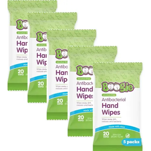 Antibacterial Hand Wipes by Boogie Wipes, Alcohol-Free, Hypoallergenic and Moisturizing Aloe, Boogie Hand Wipes for Adults and Kids, 5 Packs of 20…