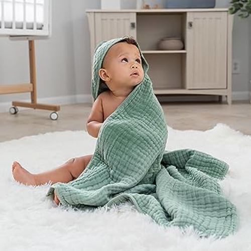 Comfy Cubs 2 Pack Baby Hooded 9 Layer Muslin Cotton Towel for Kids, Large 32” x 32”, Ultra Soft, Warm, and Absorbent. Baby Essentials Bath Towels, Cute Unisex Cover for Girls and Boys (2 Pack, Fern)
