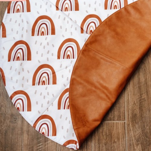Round Cognac Reversible Playmat in Rainbow Confetti