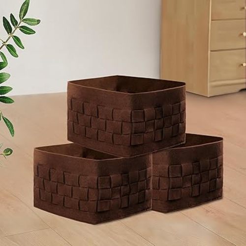 Baskets for Shelves 3 Pack, Small 11" x7.9" x15.24" Rectangular Felt Fabric Storage Bins with Leather Handle, Mini Woven Storage Basket for Clothes,Books,Dog Toys and Nursery-Brown