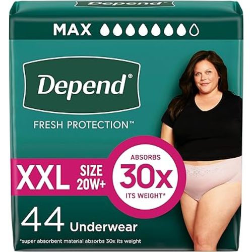 Depend Fresh Protection Adult Diapers, Incontinence & Postpartum Bladder Leak Underwear for Women, Disposable, Maximum, Extra-Extra-Large, Blush, 44 Count (2 Packs of 22), Packaging May Vary